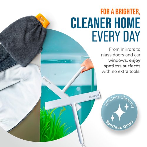 Flipper Dual-Action Squeegee and Microfiber Mitt – 2-in-1 Streak-Free Glass and Mirror Cleaning Tool for Windows, Shower Doors and Countertops – Reusable, Ergonomic, and Durable Design
