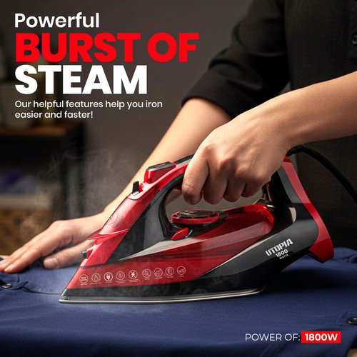 Utopia Home Steam Iron for Clothes - Non-Stick Soleplate - 1800W Clothes Iron With Auto-Off Safety Feature - Adjustable Thermostat Control, Variable Steam Control, Self-Clean, 8 Feet Cord (Black/Red)