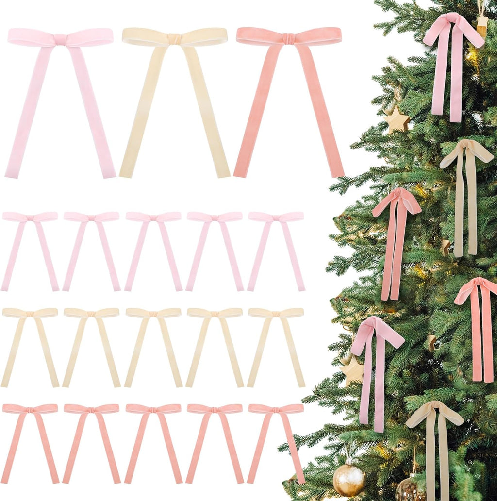 Skiennix 24 Pcs Velvet Bows - Vintage Ribbon Bows for Christmas Tree & Crafts | 5x7 Inch, Beige & Pink