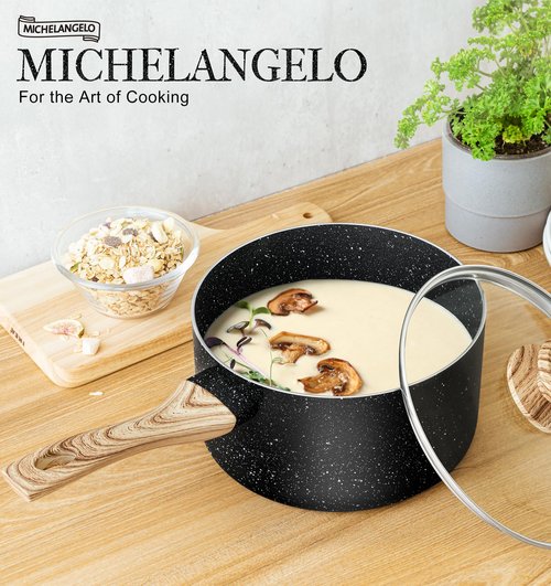 MICHELANGELO Saucepan Set, 3-Piece Nonstick Sauce Pans with Lids, 1QT, 2QT, 3QT, Black Granite Stone