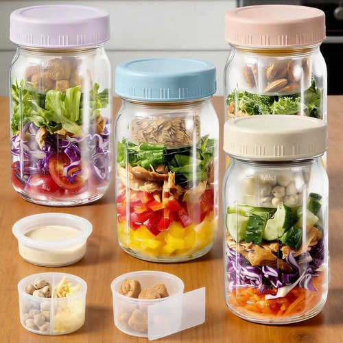BLAZPATH 4 Pack Glass Salad Mason Jars with Dressing Cup, 32 oz Mason Jars Salad Container with Lids Meal Prep for Lunch, 2 Insert Separate Cups with Divider for Dressing and Dry Ingredients