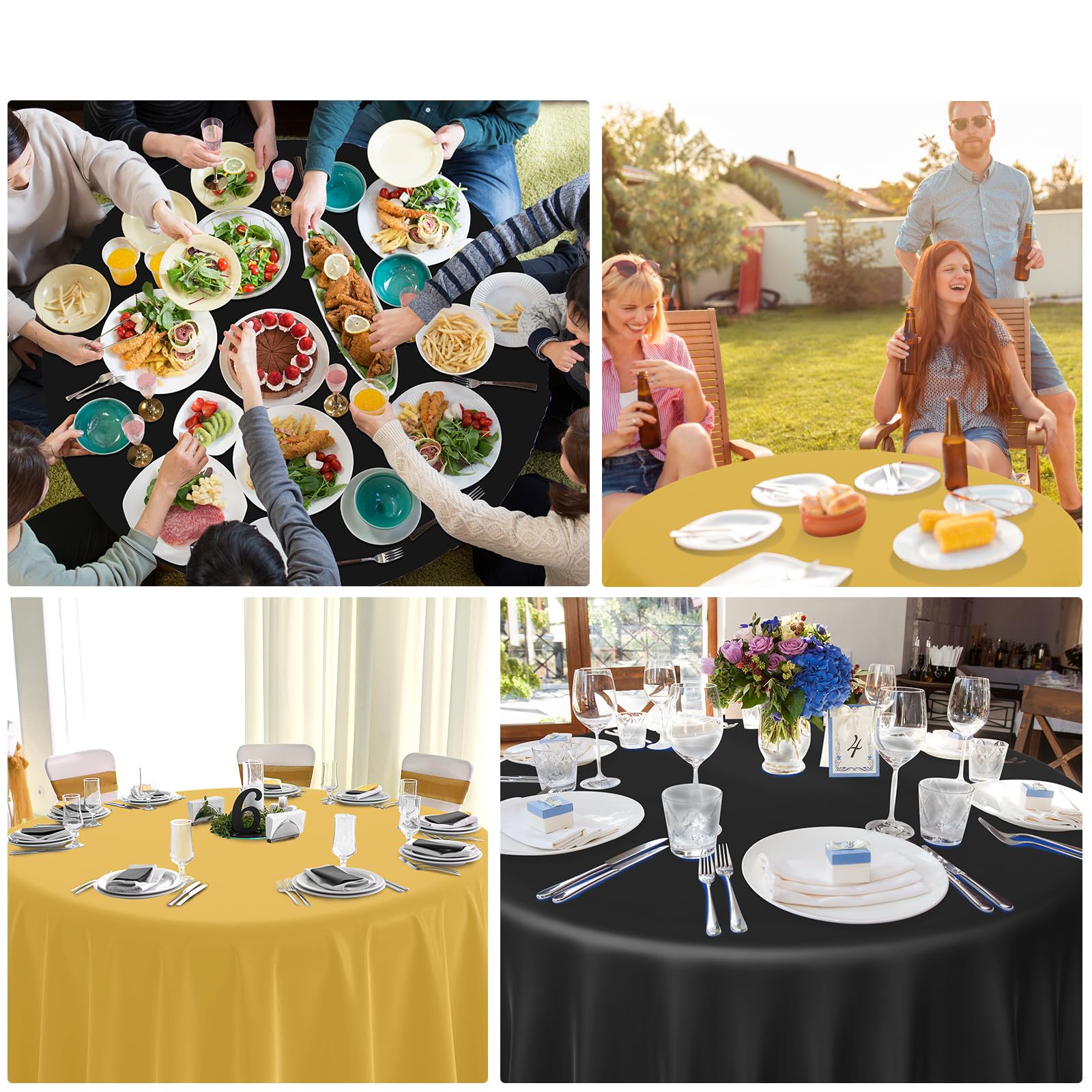 MASHAN 12 Pcs Black and Gold Plastic Tablecloths Bulk,84 Inch Disposable Round Party Table Cloth Waterproof Table Cover for Birthday Wedding Anniversary Graduation Party Decorations Supplies