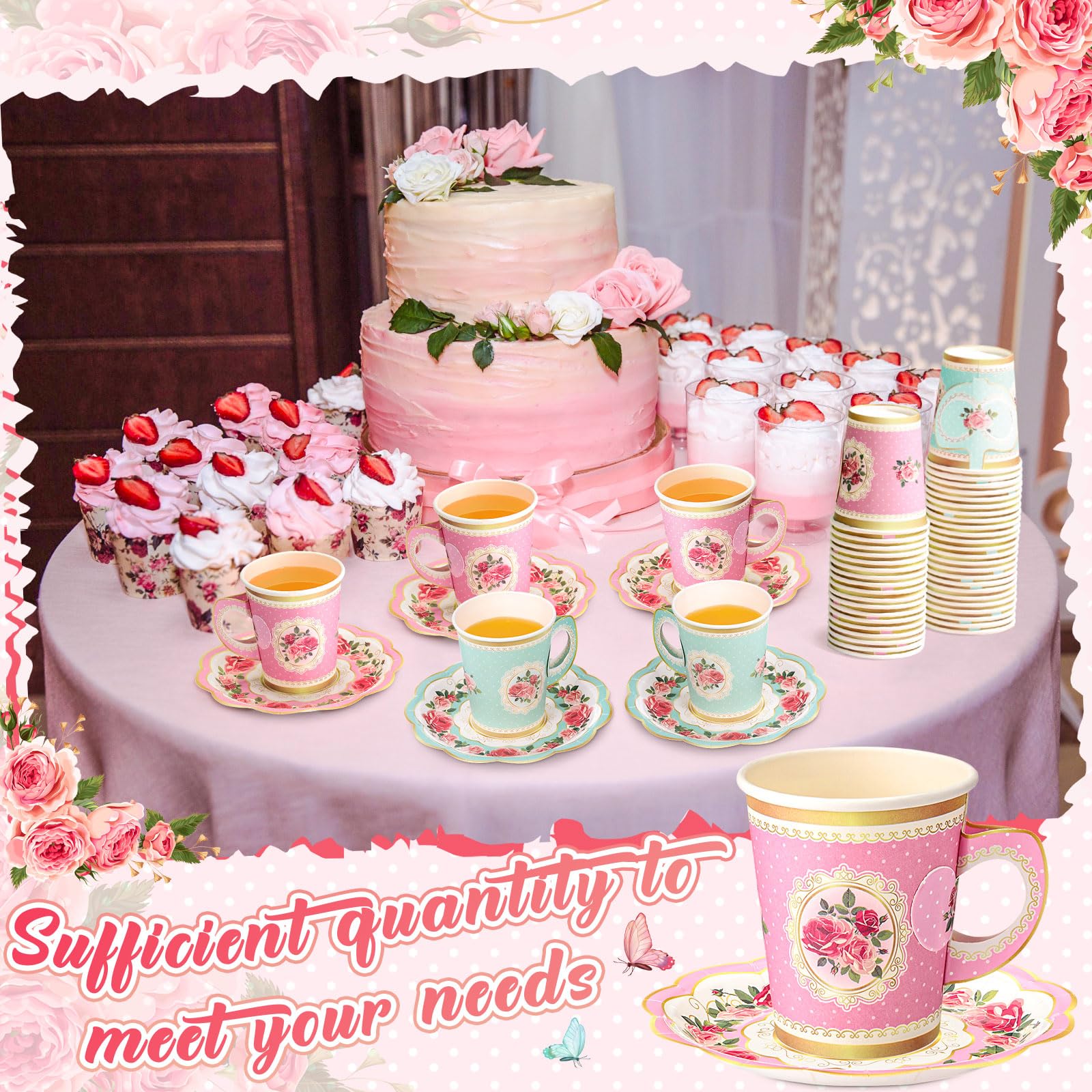 Tioncy 100 Pcs Tea Party Decorations Include 50 Pieces 9 oz Paper Tea Cups with Handle and 50 Plates Disposable Teacups and Saucers Sets for Birthday(Pink and Blue Floral)