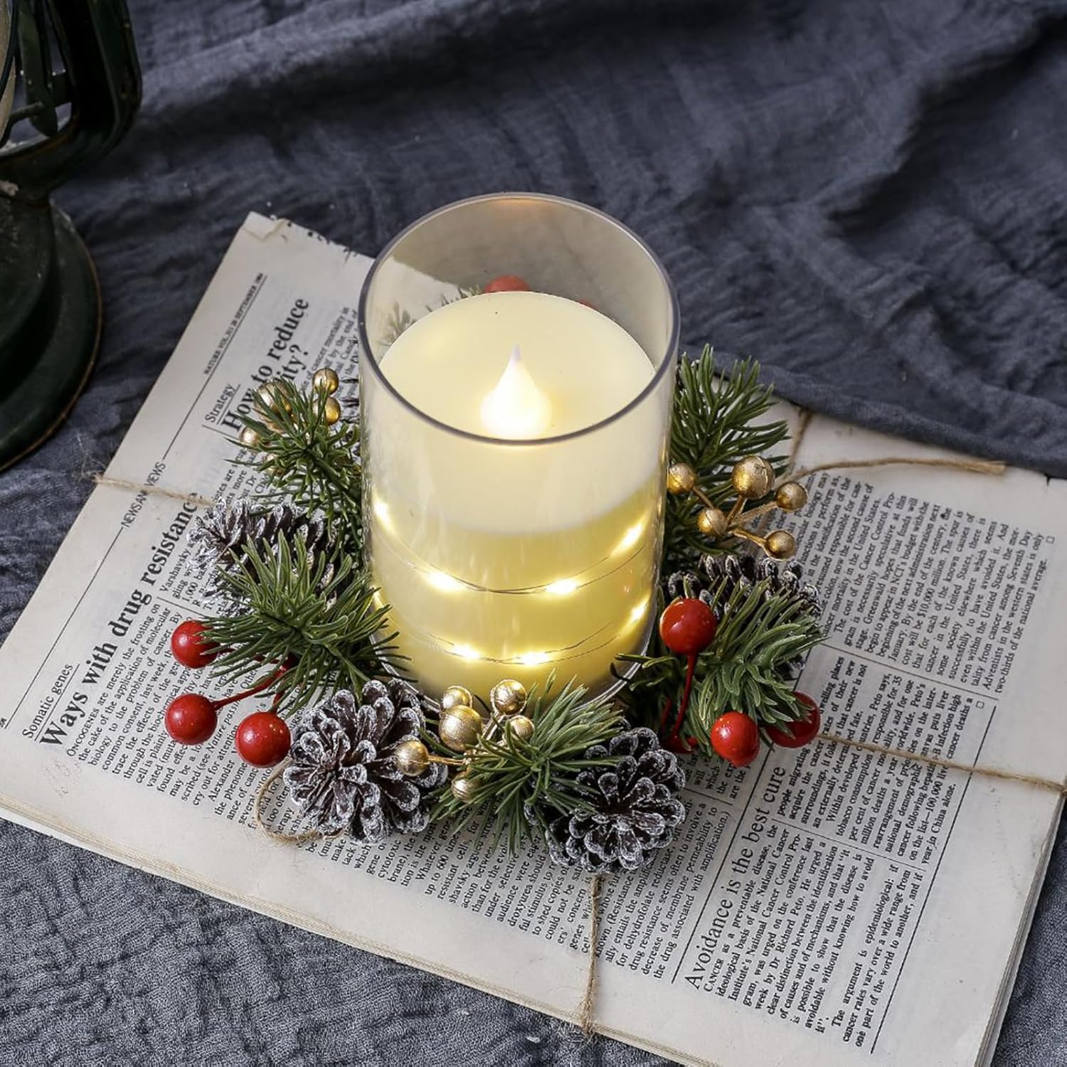 Skiennix Christmas Candle Rings - Elegant Gold & Red Floral Wreaths with Pinecones | Set of 2