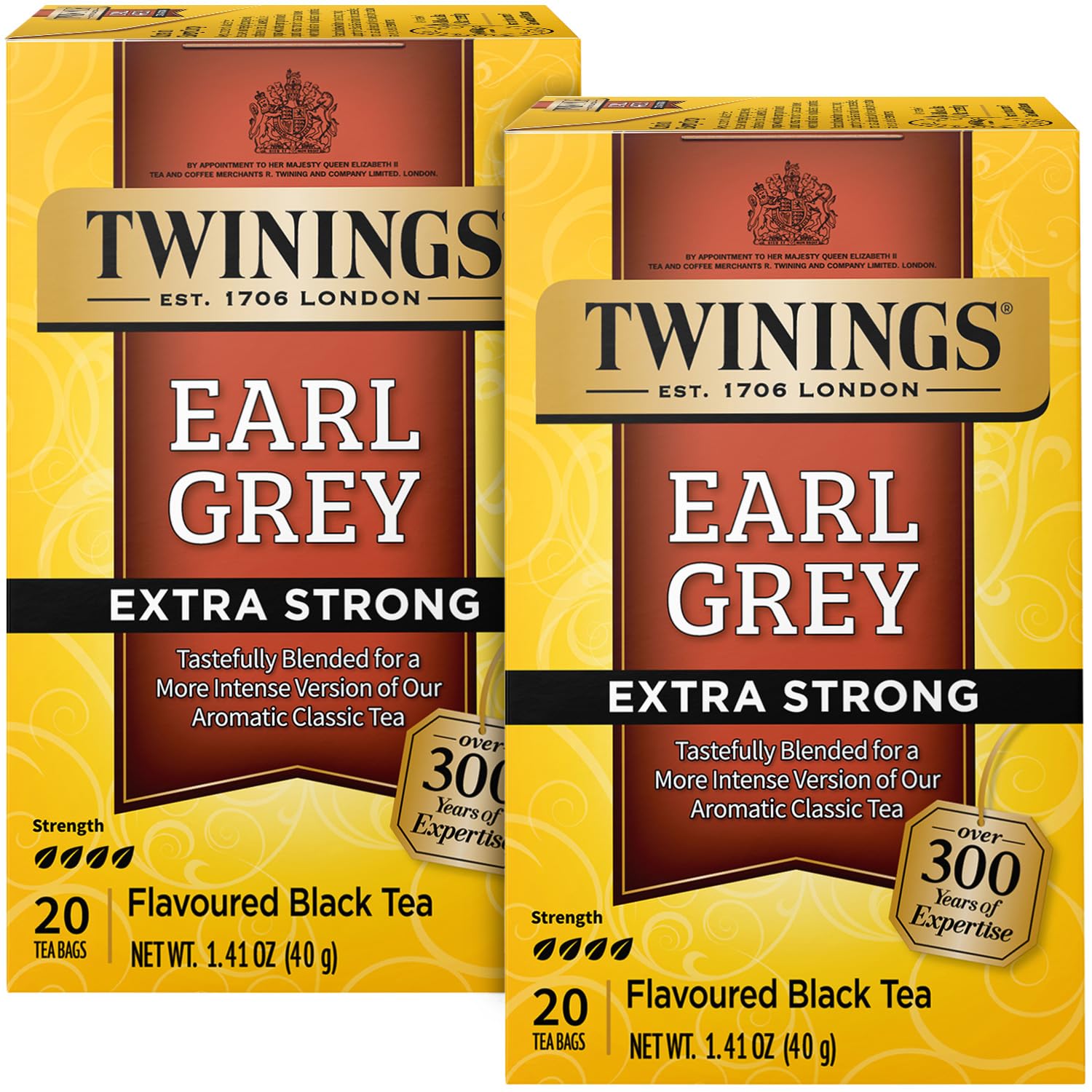 Twinings Earl Grey Tea Extra Strong 2-Pack – A Bright and Zesty Black Tea Infused with Citrus Bergamot Flavours, Caffeinated Tea Bags, Individually Wrapped, 20 Count Ea