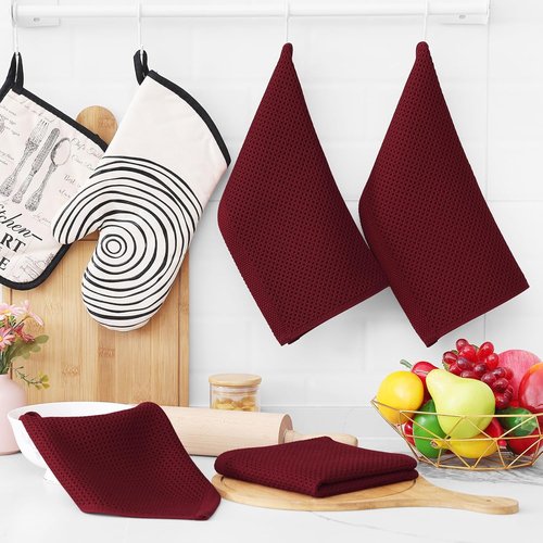 Homaxy Kitchen Dish Cloths - Ultra Soft 100% Cotton Waffle Weave, Quick Drying, 12x12 Inches, 6-Pack | Burgundy