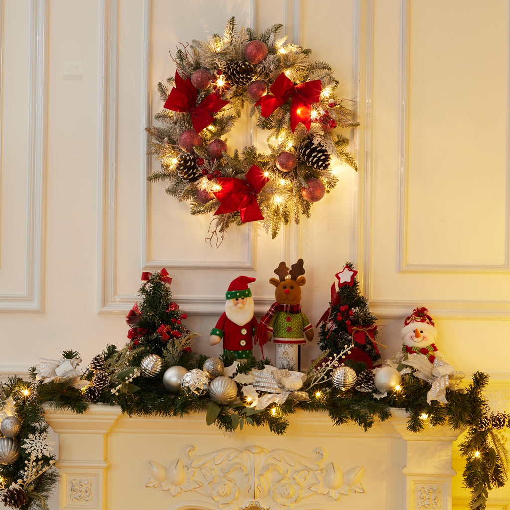 24" Prelit Christmas Wreath with Lights, Battery Operated Xmas Garland with Decorations, Wreath for Front Door Porch Wall Window Fireplace Outdoor Home Holiday Accent