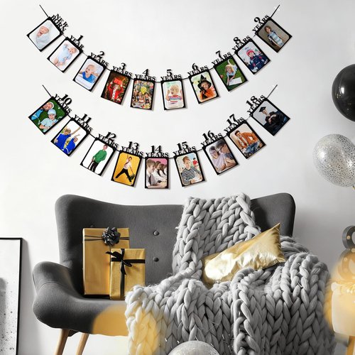 Breling 18th Happy Birthday Photo Banner Newborn to 18th Age Photo Banner Decorations 16th Party Picture Frame Garland Display Party Supplies(18 Years,Black)