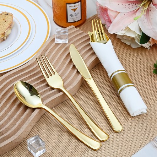 Pre Rolled Gold Plastic Cutlery Set, 120 Pack Wrapped Plastic Silverware Set with Napkins, Forks, Knives, and Spoons, Disposable Heavy Duty Plastics Utensils Set for Party Birthday Weddings Dinner