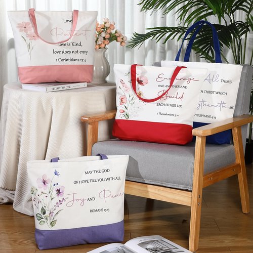 Shinylin 10 Pcs Christian Gift Inspirational Bible Verse Tote Bags Religious Gift Flowers Reusable Grocery Christmas(Single Floral)