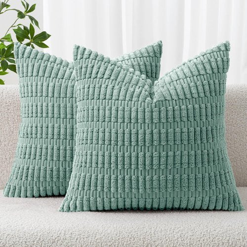 MIULEE Corduroy Decorative Throw Pillow Covers - Soft Boho Striped Design | 20x20 Inch Teal Green for Modern Farmhouse Decor