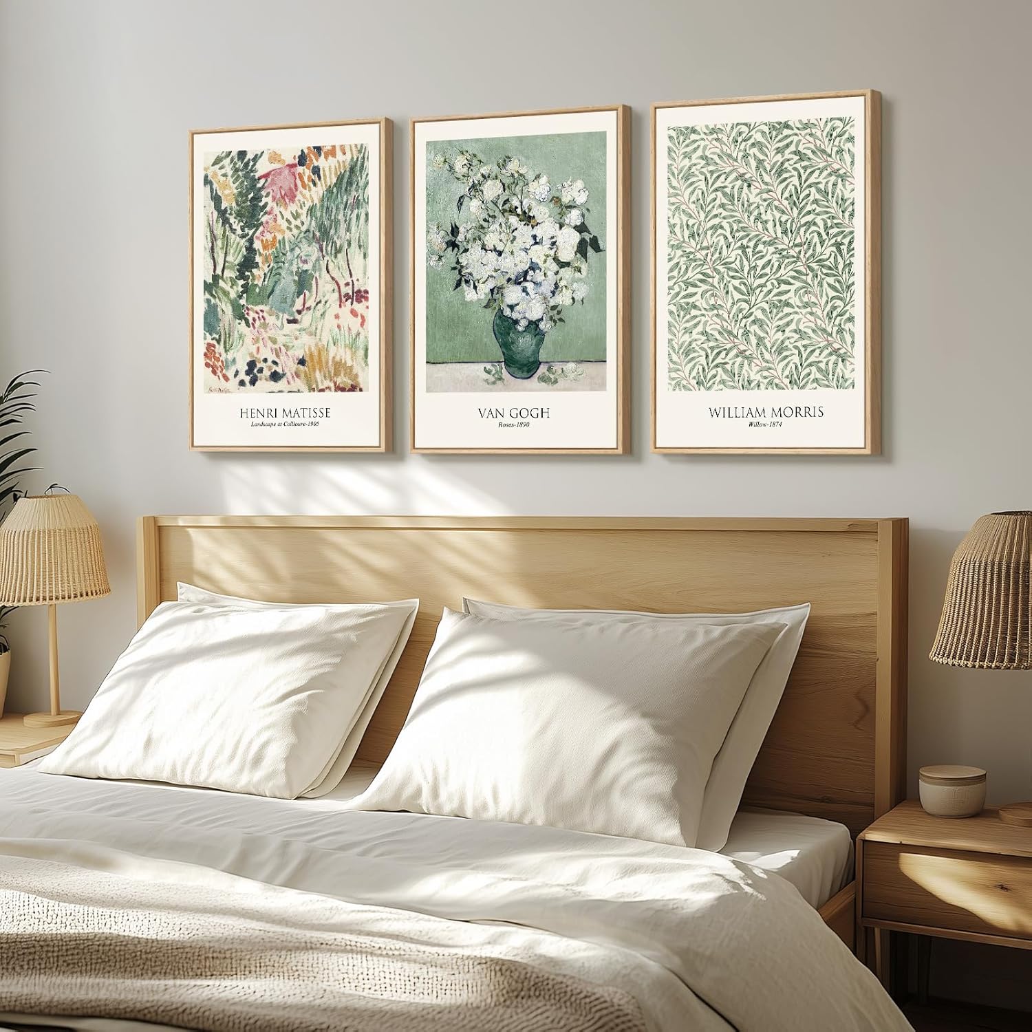 Van Gogh Framed Large Canvas Wall Art - Vintage Sage Green Botanical Prints | 3-Piece Set, 16x24 Inch