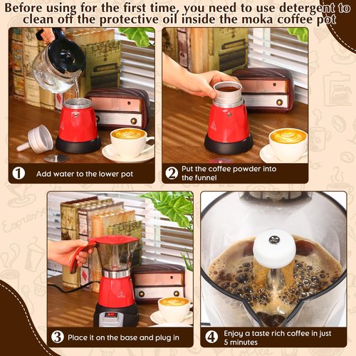 Lemosae Electric Espresso Maker Transparent Coffee Maker Electric Moka Pot Portable Aluminum Espresso Machine Italian Moka Pot with Detachable Base, Coffee Gift for Women Men Home Travel(Red,6 Cup)