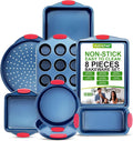 NutriChef 8-Piece Nonstick Baking Pan Set - Premium Carbon Steel Bakeware with Silicone Handles - Includes Pizza Tray, Loaf Pan, Muffin Pan, Round/Square Pans & Cookie Sheet - Blue