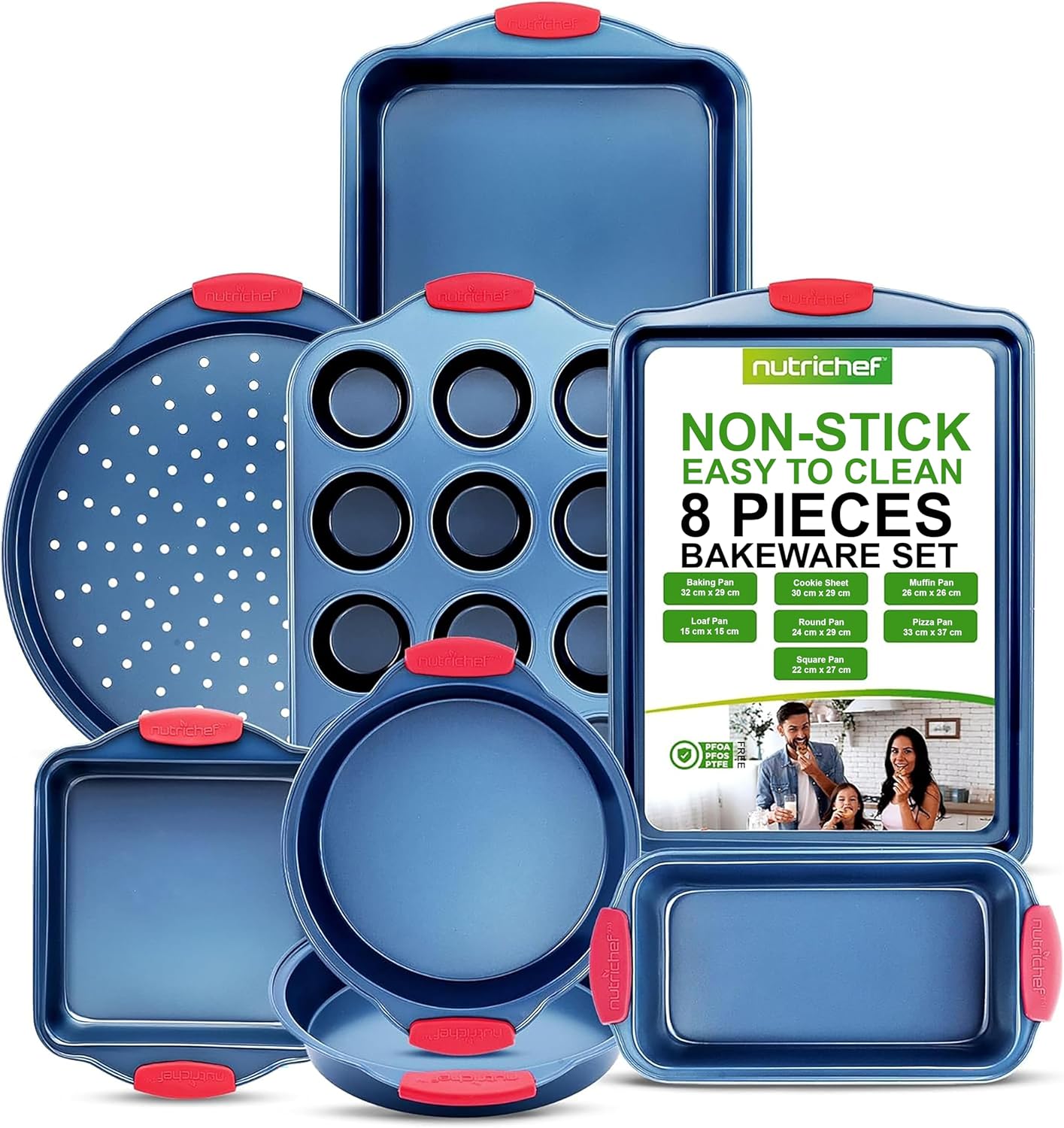 NutriChef 8-Piece Nonstick Baking Pan Set - Premium Carbon Steel Bakeware with Silicone Handles - Includes Pizza Tray, Loaf Pan, Muffin Pan, Round/Square Pans & Cookie Sheet - Blue