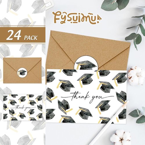 FYSUIMU Graduation Cap Thank You Cards - 24 Pcs Congrats Grad Note Cards with Envelopes | 4 x 6 Inch