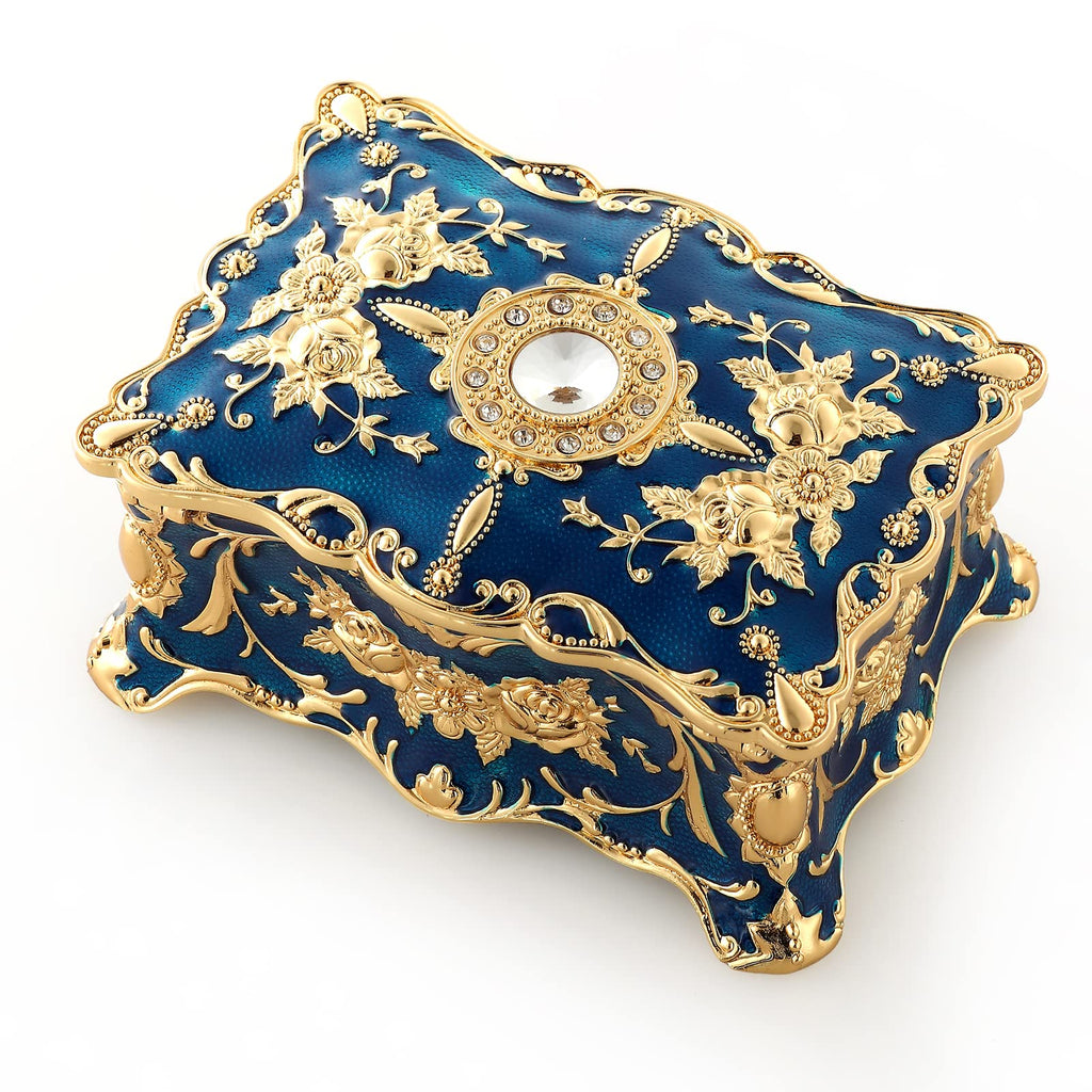 ROSIKING Blue Rectangle Emboss Alloy Metal Music Box Wind Up Antique Jewelry Musical Boxes Christmas Birthday Valentine's Day Gifts Plays Anastasia-Once Upon a December