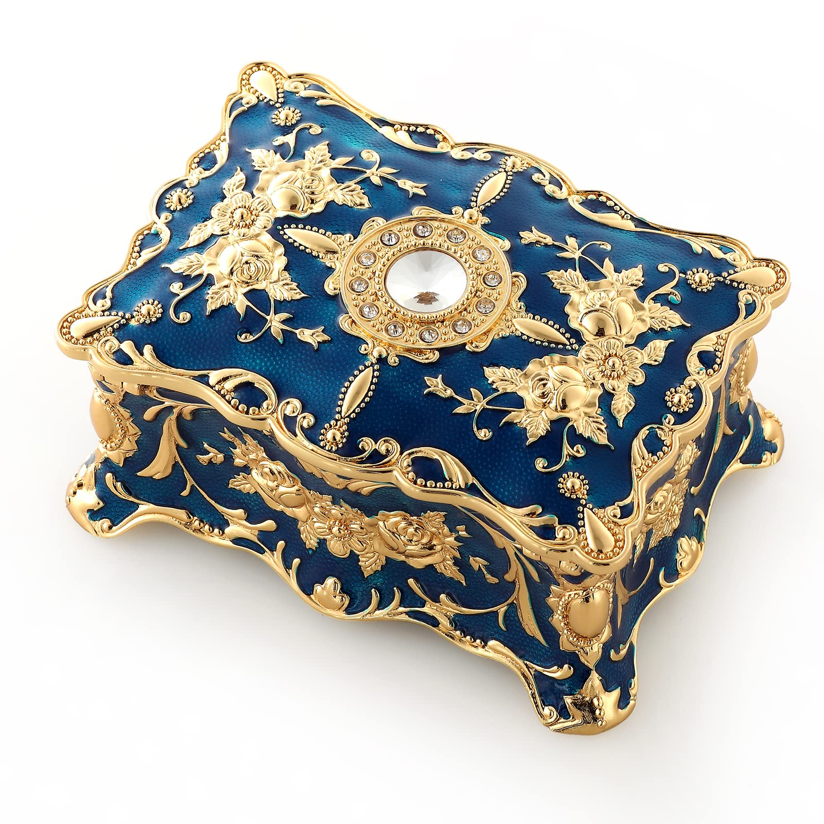 ROSIKING Blue Rectangle Emboss Alloy Metal Music Box Wind Up Antique Jewelry Musical Boxes Christmas Birthday Valentine's Day Gifts Plays Anastasia-Once Upon a December