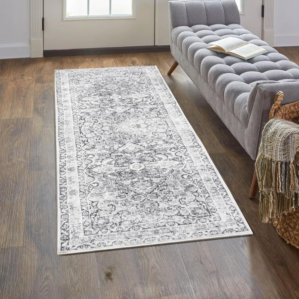 Skiennix Vintage Washable Runner Rug - Soft Non-Slip Backing | Stain Resistant Gray Mat for Hallway & Kitchen