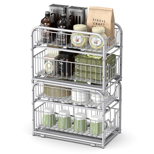 SONGMICS 2-Tier Pull Out Cabinet Organizers, Under Sink Organizer, Bathroom Organizer and Storage, Sliding Basket Drawers, Stackable for Kitchen, Bathroom, Metallic Silver UKCS017E01