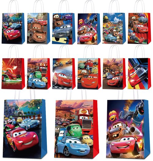 24 Pack Car Party Favor Gift Bags - 12 Pattern Paper Candy Bags with Handles, Reusable Kraft Tote Bags for Kids Birthday, Baby Shower, Wedding, Graduation, Party Supplies Decorations
