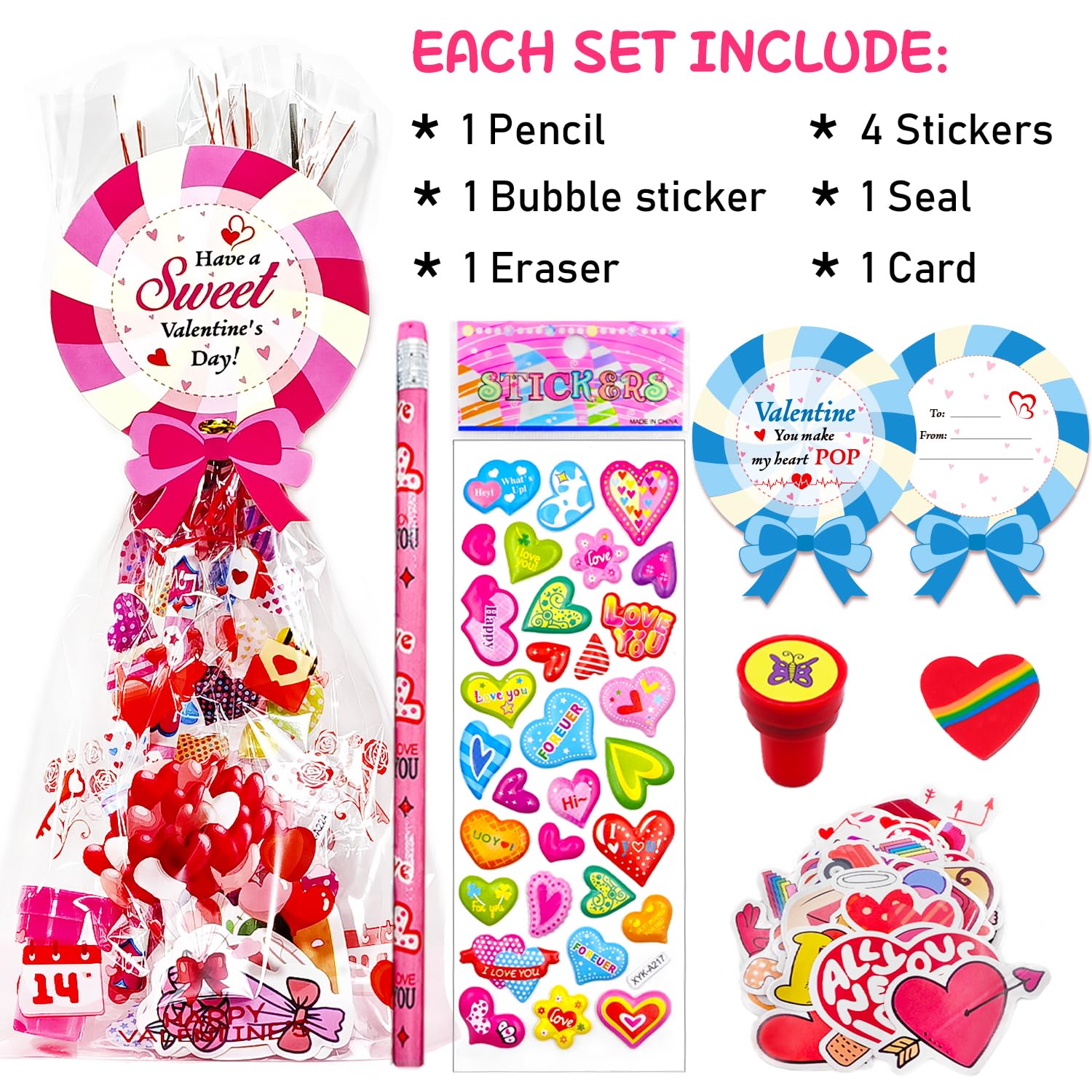 uscan 268pcs Valentines classroom gifts, valentine for class valentines day gifts cards bulk valentine gifts for kid classroom school valentines party favors goodie bags exchange treats for kid