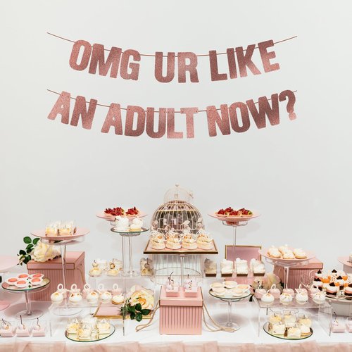 18th Birthday Decorations for Girls, Pre-Strung OMG UR LIKE AN ADULT NOW Banner - Rose Gold Glitter, Happy 21st Bday Sign Gifts for Her，21 & 18 Year Old Party Decor