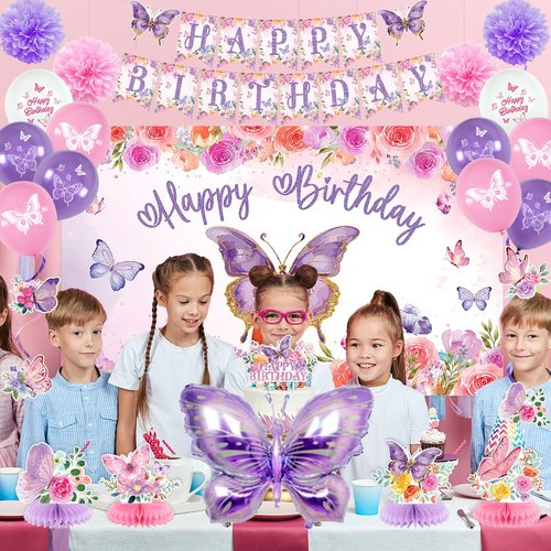Roetyce Butterfly Decorations, 37PCS Happy Birthday Banner Balloons Honeycomb Centerpieces Cake Topper Kit, Purple and Pink Party Decorations