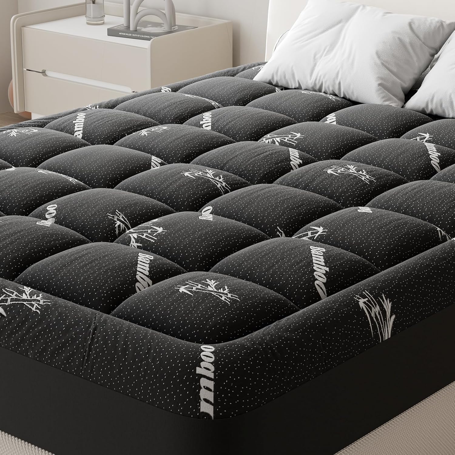Sweetcrispy Ultra Soft Mattress Topper - Twin Size Bamboo Pillow Top for Cooling & Back Pain Relief | Black