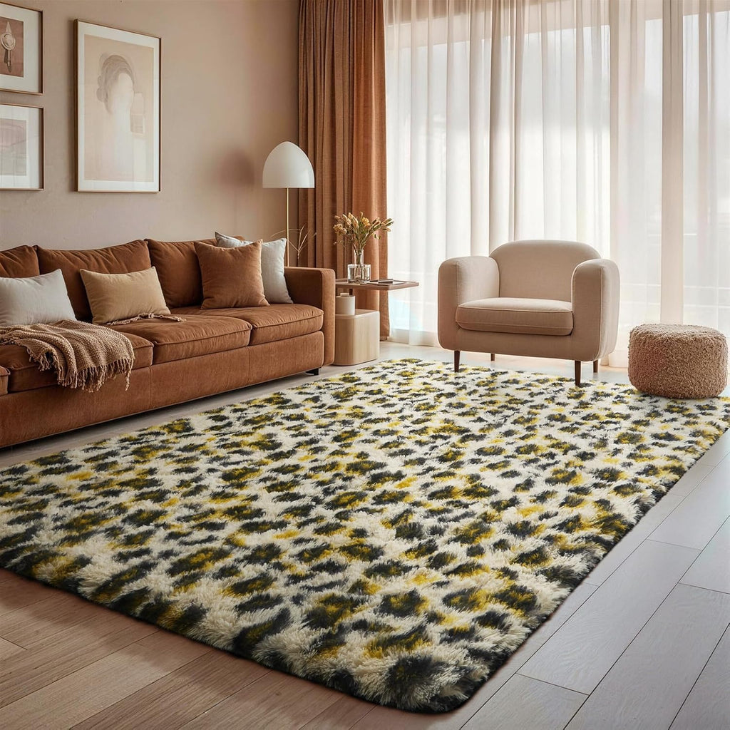 Ophanie Leopard Print 4x6 Area Rug - Fluffy Shag Soft Plush Carpet for Bedroom & Nursery Decor