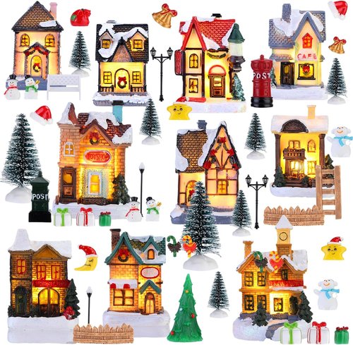 Barydat Christmas Village Figurines Set - 60 LED Lighted Mini Houses for Holiday Decor