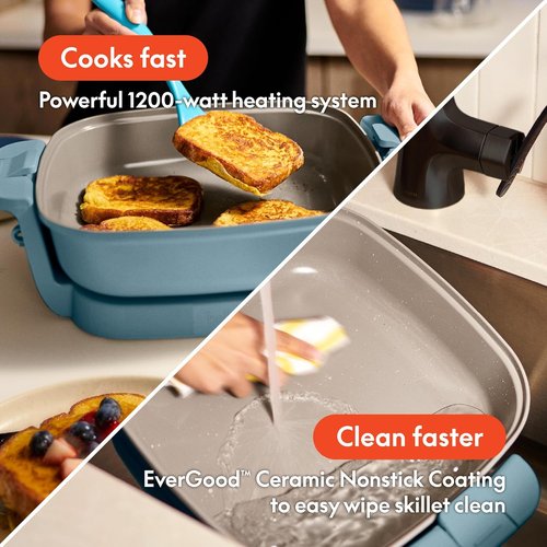 Bella Make & Take Electric Skillet - Adjustable Temperature, Dishwasher-Safe Lid, 1200 Watt, Surf Color