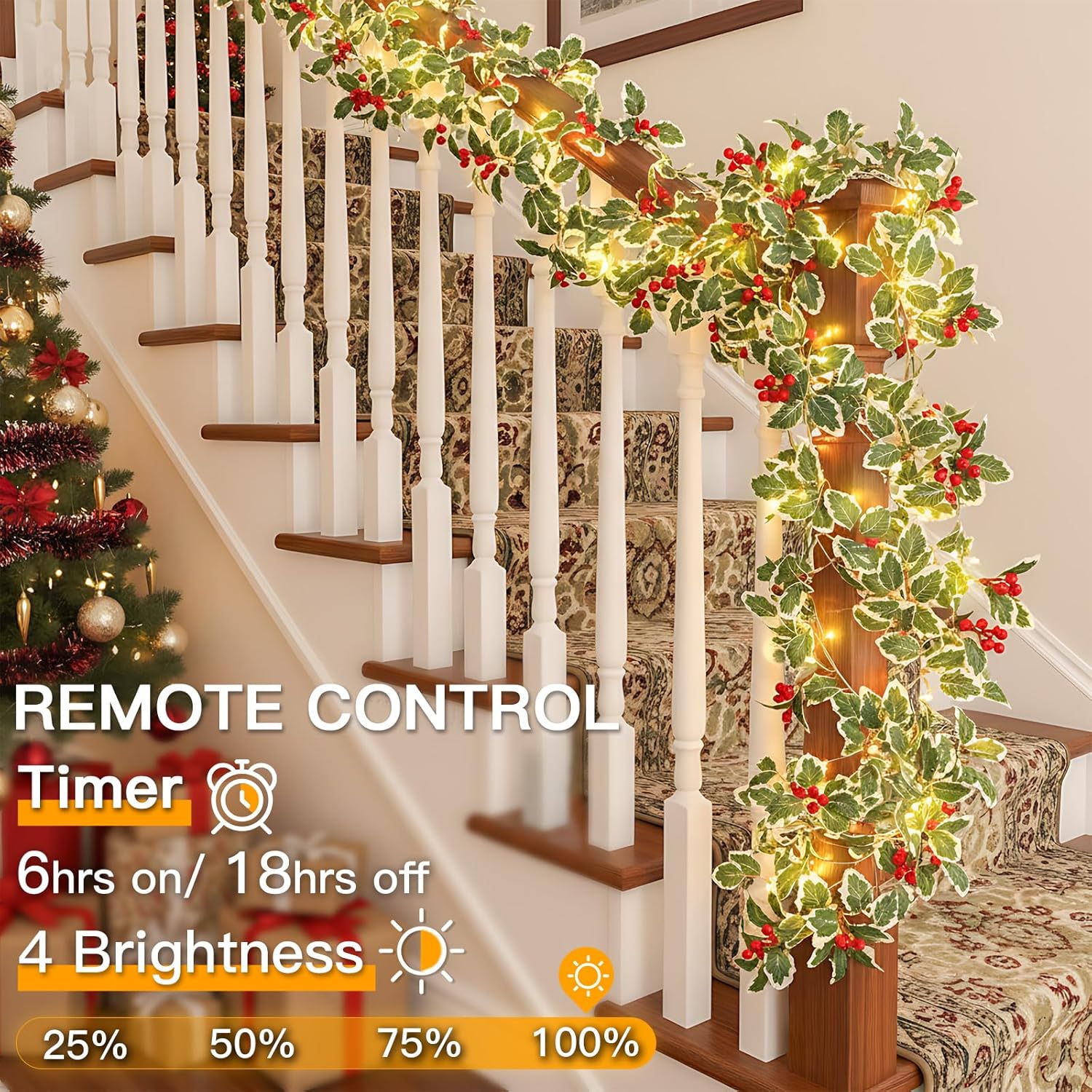 Suddus 40 LED Christmas Fairy Lights - Battery Powered 12.5ft Vine String Lights with Red Berries & Holly Leaf | Perfect for Holiday Decor