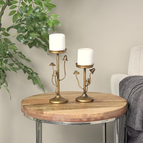 Deco 79 Metal Abstract Decorative Candle Holder Mushroom Inspired Candle Stand, Set of 2 Candlestick Holder 10", 7" H, Gold