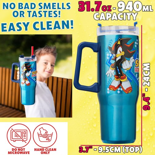 Get Trend Sonic the Hedgehog Insulated Tumbler with Straw for Kids, 32 oz Reusable Stainless Steel Cup for Hot Cold Drinks, Travel Mug, Gifts for Kids (Blue Sonic/Shadaw)