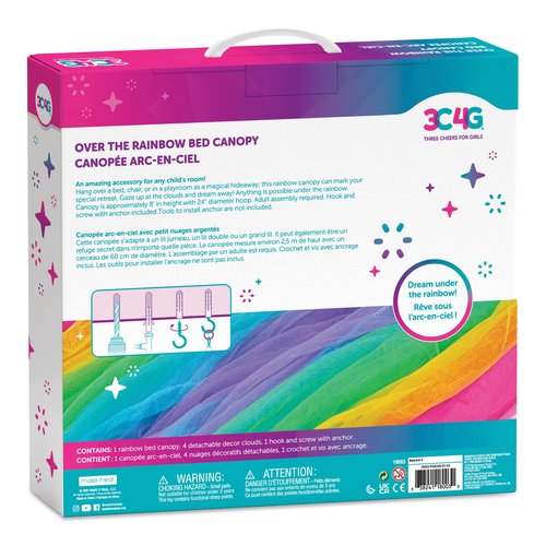 3C4G Rainbow Bright Canopy - Rainbow Bed Canopy for Girls - Hanging Net Canopy for Beds, Chairs & Reading Corners - 8’ Height & 24’ Diameter Hoop - for Ages 6+ by Make It Real
