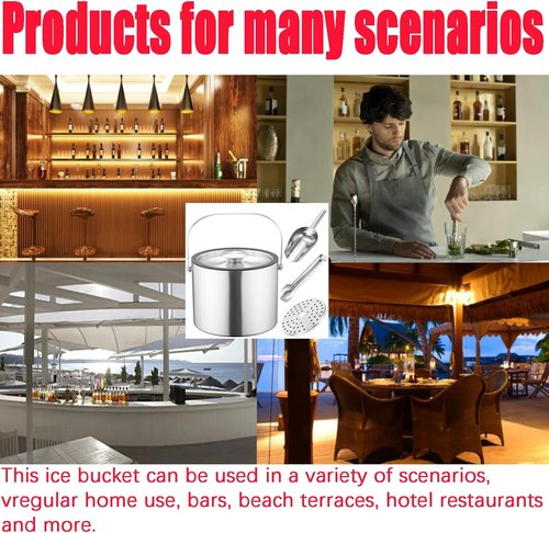 3L Double-Wall Insulated Ice Bucket with Lid, Ice shovel &Tongs and Strainer, Stainless Steel Ice Bath Tub with Silicone Sealed Lid for Wine, Ice Buckets for Parties, Wine Chiller, Light Sliver