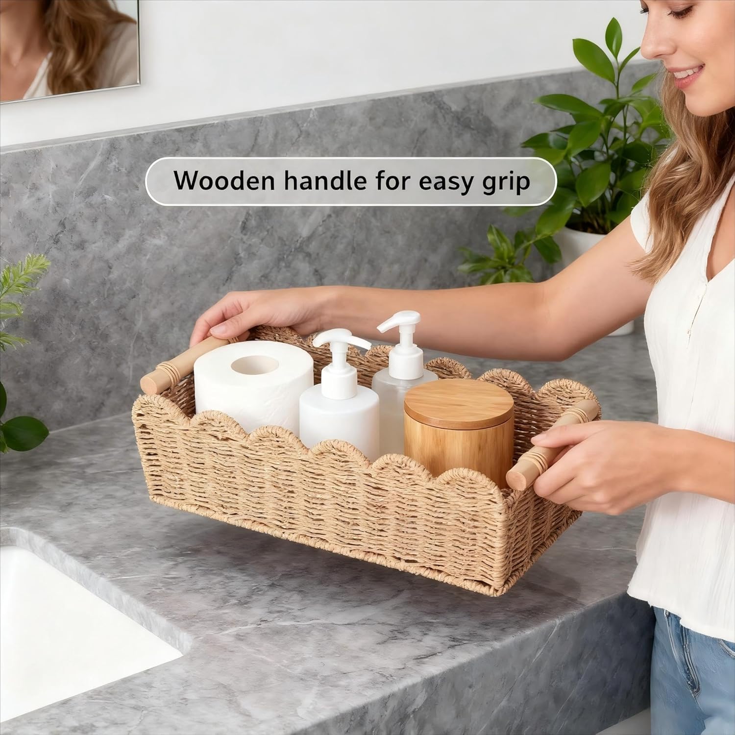 Scalloped Organizer Basket - Hand Woven Paper Rope Toilet Tank Storage with Wooden Handle | 14.2 x 6.5 x 5 Inches