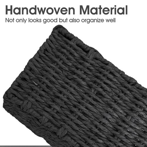 Paper Rope Storage Baskets for Shelves Organizing, Small Hand Woven Wicker Organizer Basket with Handle for Bathroom Toilet Paper Storage, Black, 3-Pack