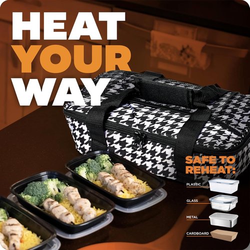 HOTLOGIC Max Large Portable Electric Food Heater W/Glass - Innovative Food Warmer and Heated Lunch Box for Adults Car/Home - Easily Cook, Reheat, and Keep Your Food Warm - Houndstooth - 120V