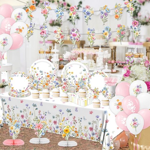 193Pcs Spring Wildflower Party Decorations Include Plates, Napkins, Cups, Balloons, Banner, Tablecloth, Cake Toppers, Honeycombs for Floral Birthday Baby Shower Party, Serve 24