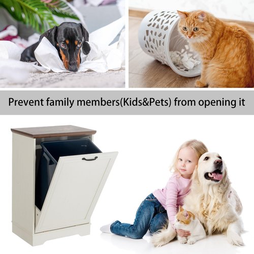 TDLEAYYD 13 Gallons Tilt Out Trash Cabinet, Hidden Trash Can Cabinet Wooden Tilt Out Pet Proof Hidden Trash Bin Cabinet for Kitchen Living Room (White)
