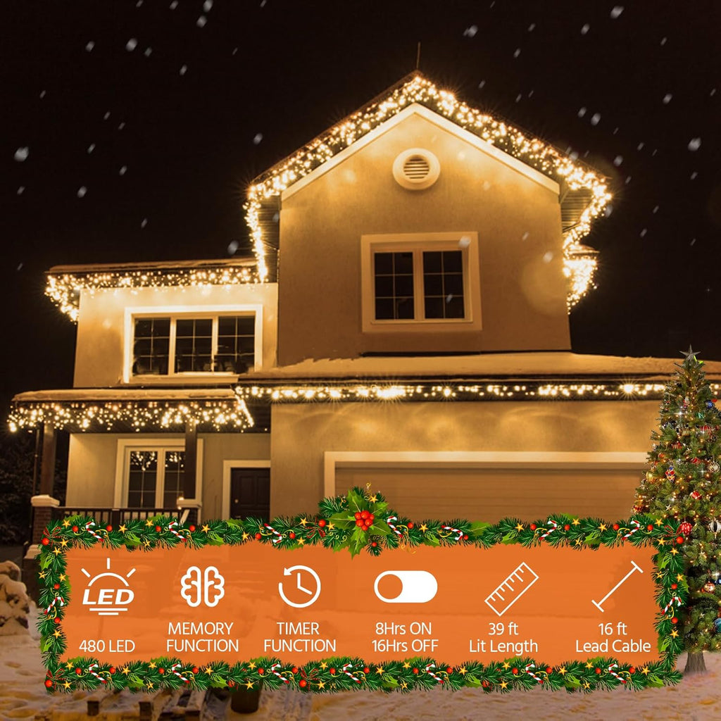 USOKYO Icicle String Lights - 480 LED 39FT with 96 Drops, 8 Modes & Timer | Warm White Fairy Lights for Outdoor & Indoor Decor