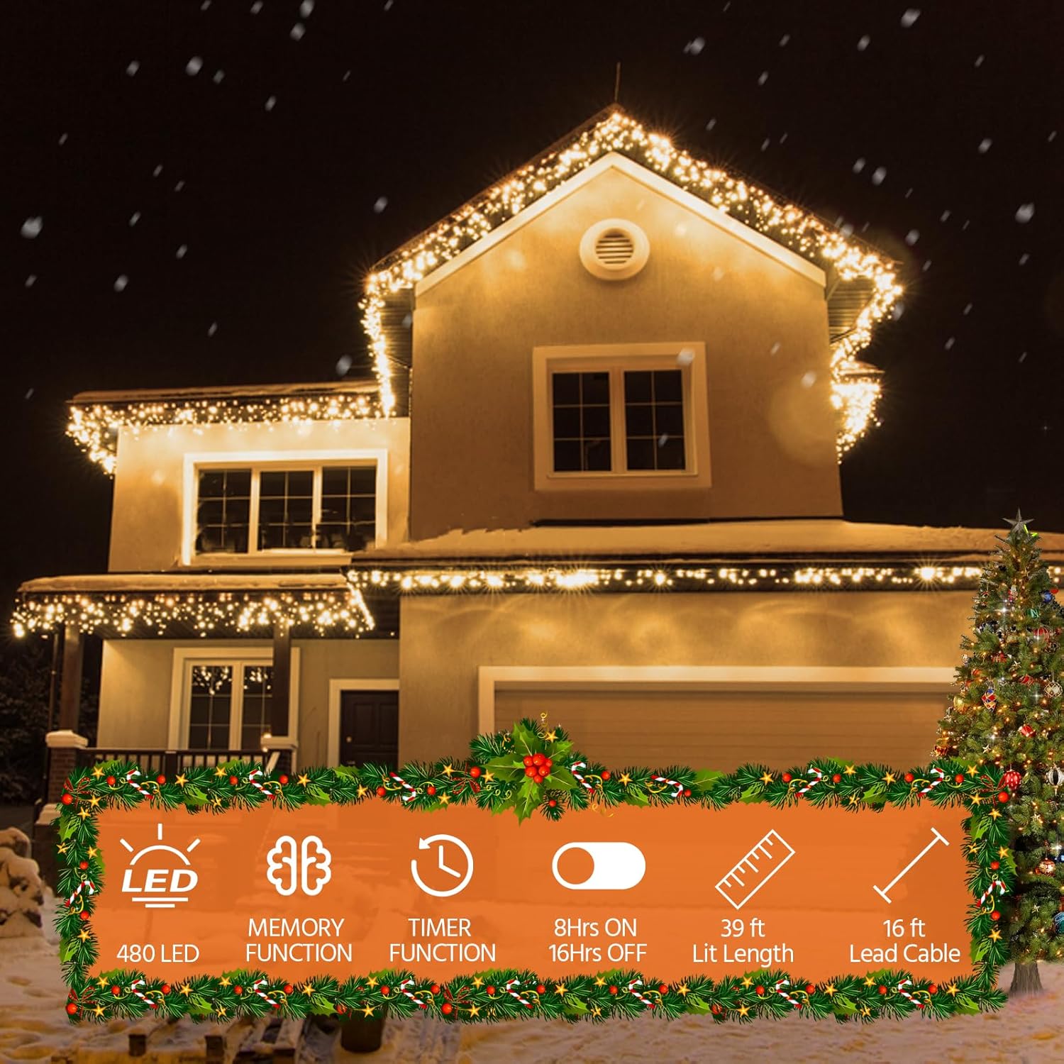 USOKYO Icicle String Lights - 480 LED 39FT with 96 Drops, 8 Modes & Timer | Warm White Fairy Lights for Outdoor & Indoor Decor