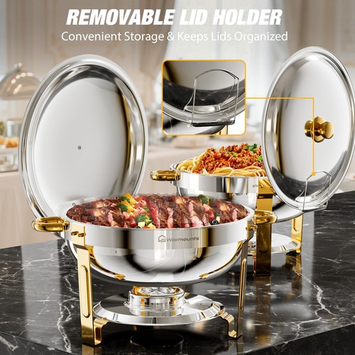 WARMOUNTS Round Chafing Dishes for Buffet 4 Pack, 5QT Gold Stainless Steel Chafers and Buffet Warmers Sets with Lid Holder, Rolled Rim Process, Stackable Design, for Catering, Parties, Weddings