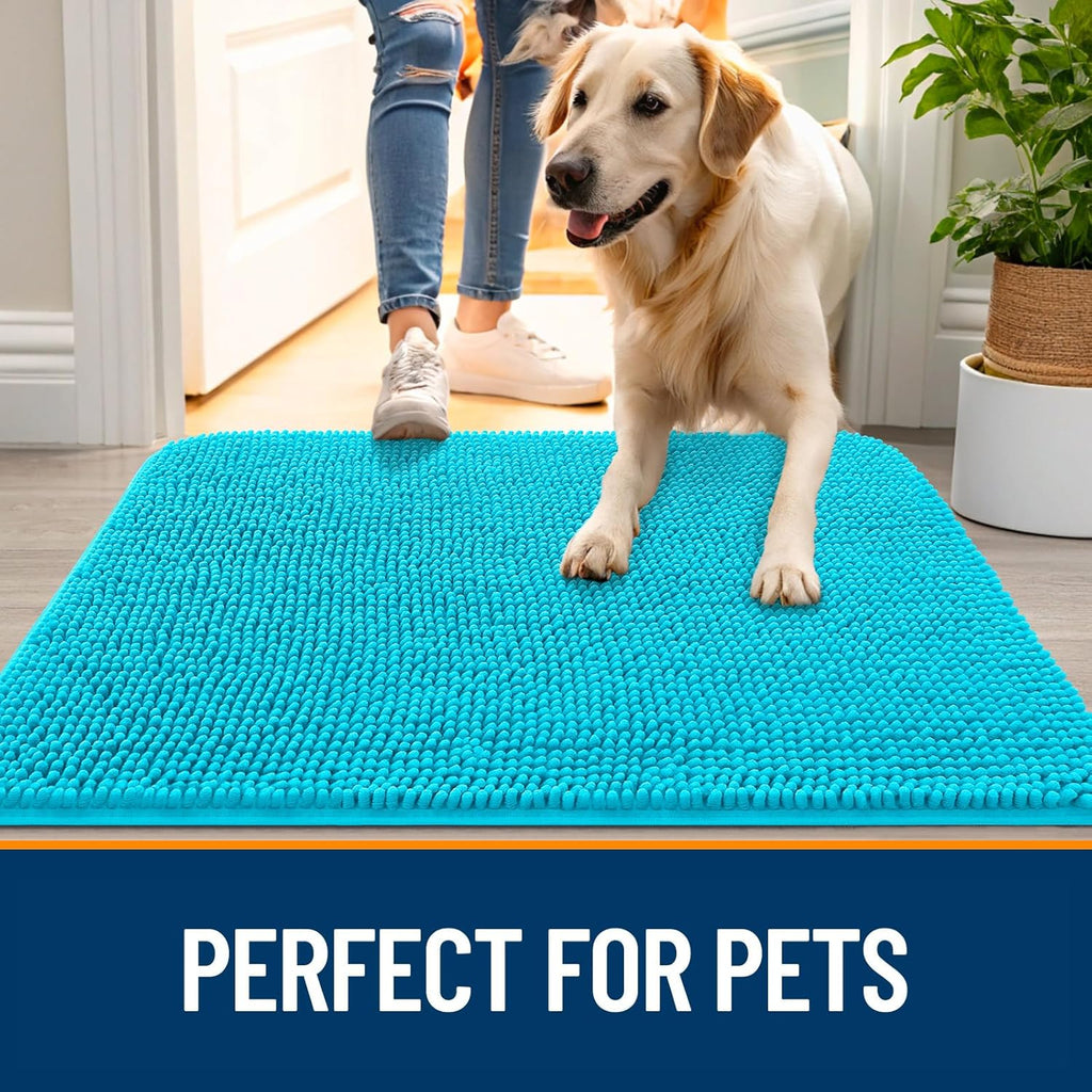OLANLY Dog Door Mat - Absorbent Non-Slip Chenille Mat for Muddy Paws | 44x32, Aqua Blue