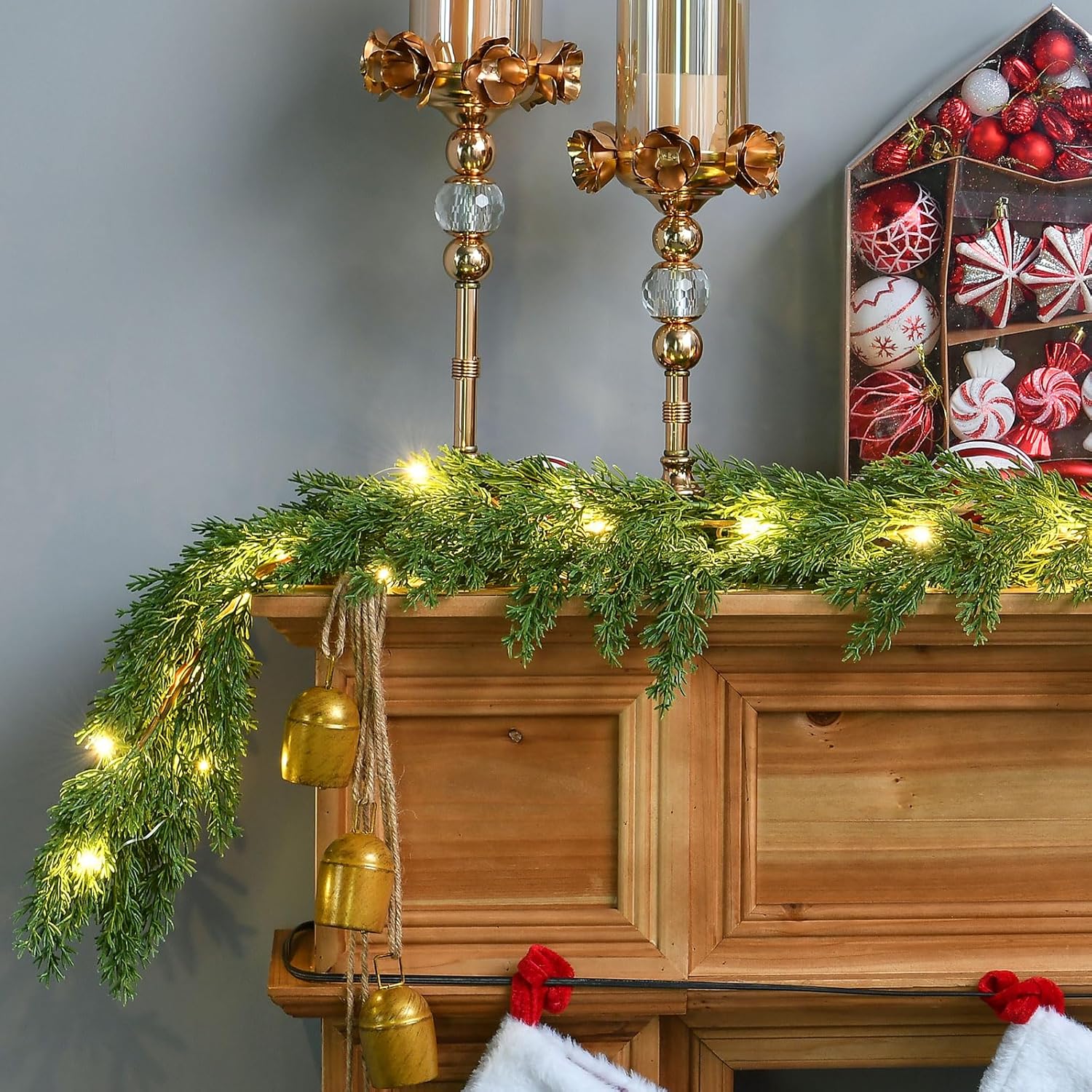 Skiennix Christmas Garland - 3PCS 6.2FT Lush Greenery with Lights | Real Touch Cedar & Soft Pine Branches for Indoor/Outdoor Decor