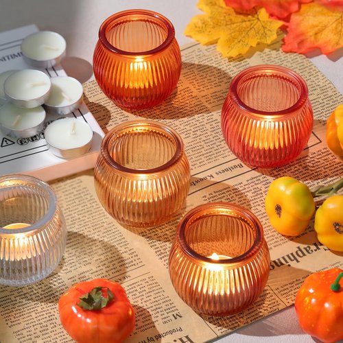 20pcs Pumpkin Votive Candle Holders with 20pcs Tea Light Candles, 5 Colors Tealight Candle Holders for Fall Table Decorations, Glass Candle Holder for Thanksgiving, Home, Party Decoration