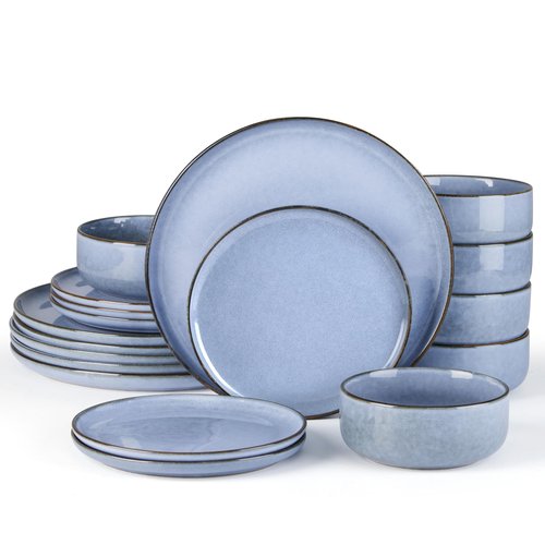 E-far Dinnerware Sets for 6, 18-Piece Plates and Bowls Set, Reactive Glaze Dishes, Stoneware Dinning Ware Set, Microwave & Dishwasher Safe - Ocean Blue