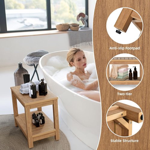 DWVO Shower Stool - 23.5in Water-Resistant Non-Slip Bench | Heavy-Duty HIPS Poly Lumber (Teak)